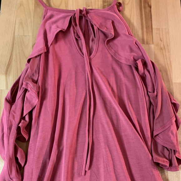 ❌DONATED❌Rose Pink Tie Neck Cold Shoulder Ruffle Sleeve Top - Picture 3 of 10